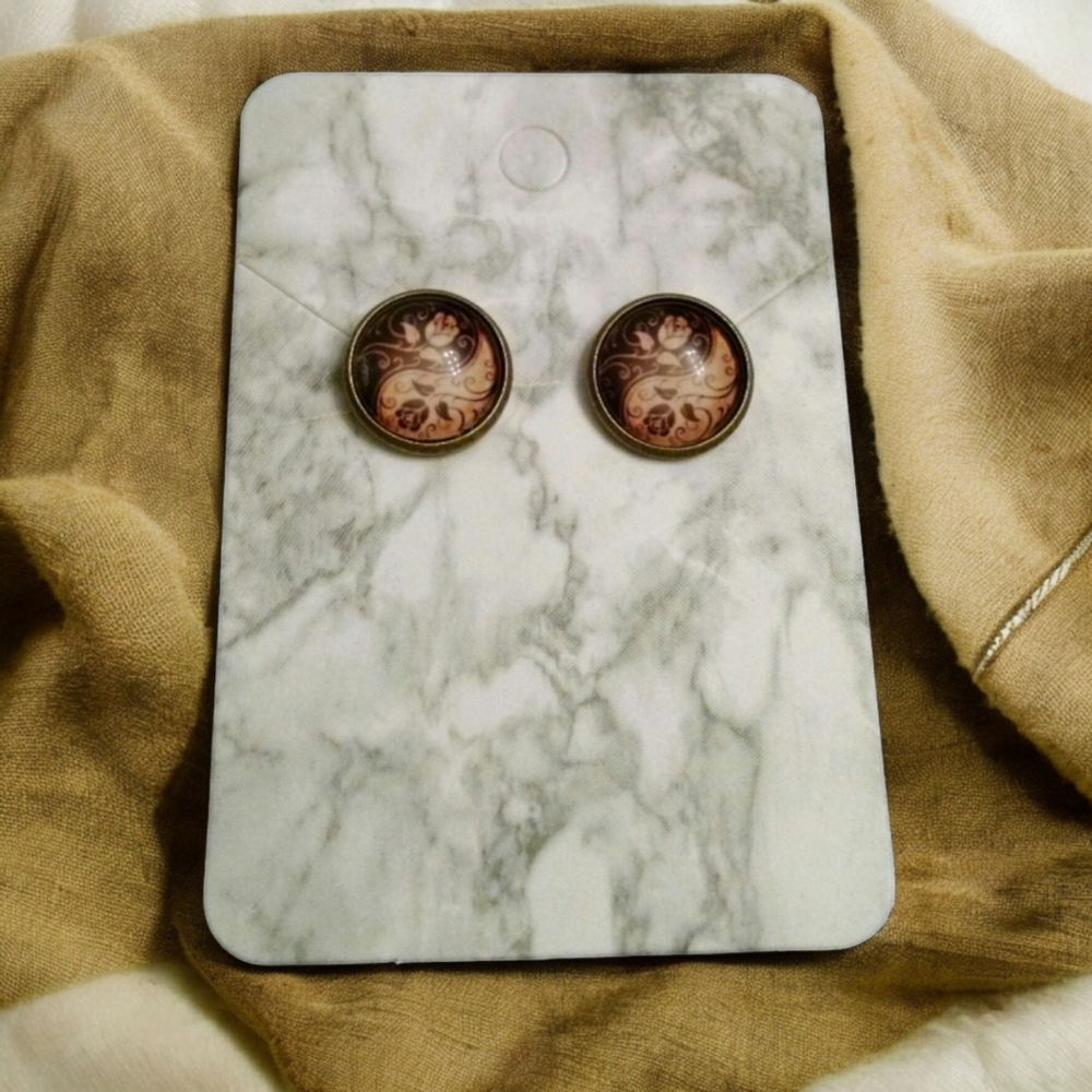 🌟3/$15 Antique Gold Brown Yin Yang Glass Rose Earrings